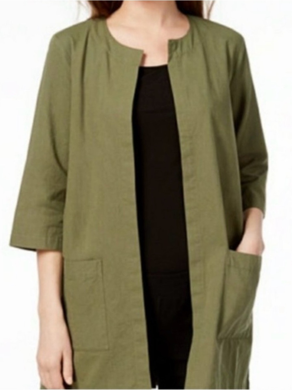 Eileen Fisher Olive Green Open-Front Longline Trench